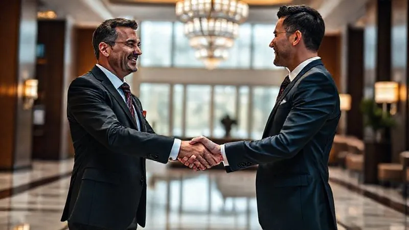A photorealistic, professional photography shot of two well-dressed individuals, a luxury concierge and a client representative, shaking hands warmly in a sophisticated hotel lobby. The interaction conveys trust and mutual respect, with soft, inviting cinematic lighting, 8K, sharp focus on their hands and faces, depth of field blurring the background, shot on a high-end DSLR. A photorealistic, professional photography shot of two well-dressed individuals, a luxury concierge and a client representative, shaking hands warmly in a sophisticated hotel lobby. The interaction conveys trust and mutual respect, with soft, inviting cinematic lighting, 8K, sharp focus on their hands and faces, depth of field blurring the background, shot on a high-end DSLR.