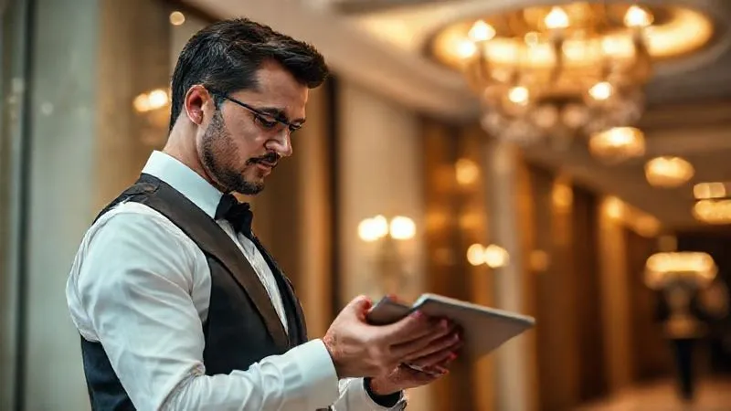 A photorealistic, professional photography image of a luxury travel concierge discreetly checking a tablet, ensuring all details are perfect before a client's arrival at an elegant venue entrance. Focus on the concierge's attentive, professional demeanor, with soft, inviting cinematic lighting, 8K, sharp focus, depth of field, shot on a high-end DSLR. A photorealistic, professional photography image of a luxury travel concierge discreetly checking a tablet, ensuring all details are perfect before a client's arrival at an elegant venue entrance. Focus on the concierge's attentive, professional demeanor, with soft, inviting cinematic lighting, 8K, sharp focus, depth of field, shot on a high-end DSLR.