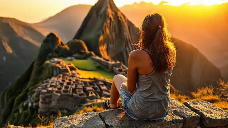 A photorealistic image of a solo female traveler, inspired by Maya's story, sitting contemplatively on a stone bench overlooking Machu Picchu at sunrise. She is looking out at the ancient city, back slightly turned to the camera, showcasing the vastness of the landscape. Cinematic golden hour light, sharp focus on the traveler, depth of field blurring the distant ruins, 8K, shot on a high-end DSLR. A photorealistic image of a solo female traveler, inspired by Maya's story, sitting contemplatively on a stone bench overlooking Machu Picchu at sunrise. She is looking out at the ancient city, back slightly turned to the camera, showcasing the vastness of the landscape. Cinematic golden hour light, sharp focus on the traveler, depth of field blurring the distant ruins, 8K, shot on a high-end DSLR.
