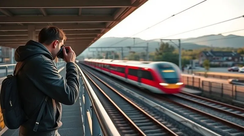 Photorealistic, professional photography, 8K, cinematic lighting, sharp focus, depth of field, shot on a high-end DSLR. A photographer with a telephoto lens standing on a well-maintained public pedestrian bridge, safely elevated above a double-track railway line, capturing a modern high-speed passenger train blurring past below, with a scenic landscape in the background, early morning light. The bridge's railing is prominent in the foreground, emphasizing safety barriers. Photorealistic, professional photography, 8K, cinematic lighting, sharp focus, depth of field, shot on a high-end DSLR. A photographer with a telephoto lens standing on a well-maintained public pedestrian bridge, safely elevated above a double-track railway line, capturing a modern high-speed passenger train blurring past below, with a scenic landscape in the background, early morning light. The bridge's railing is prominent in the foreground, emphasizing safety barriers.