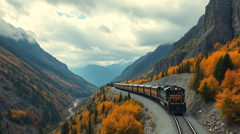 Photorealistic, professional photography, 8K, cinematic lighting, sharp focus, depth of field, shot on a high-end DSLR. A dynamic, wide-angle shot of a long freight train snaking through a dramatic mountain pass, captured from a high, safe public overlook. The train appears as a powerful ribbon in the vast landscape, with autumn colors dominating the trees and dramatic clouds overhead, emphasizing contextual framing and scale. Photorealistic, professional photography, 8K, cinematic lighting, sharp focus, depth of field, shot on a high-end DSLR. A dynamic, wide-angle shot of a long freight train snaking through a dramatic mountain pass, captured from a high, safe public overlook. The train appears as a powerful ribbon in the vast landscape, with autumn colors dominating the trees and dramatic clouds overhead, emphasizing contextual framing and scale.