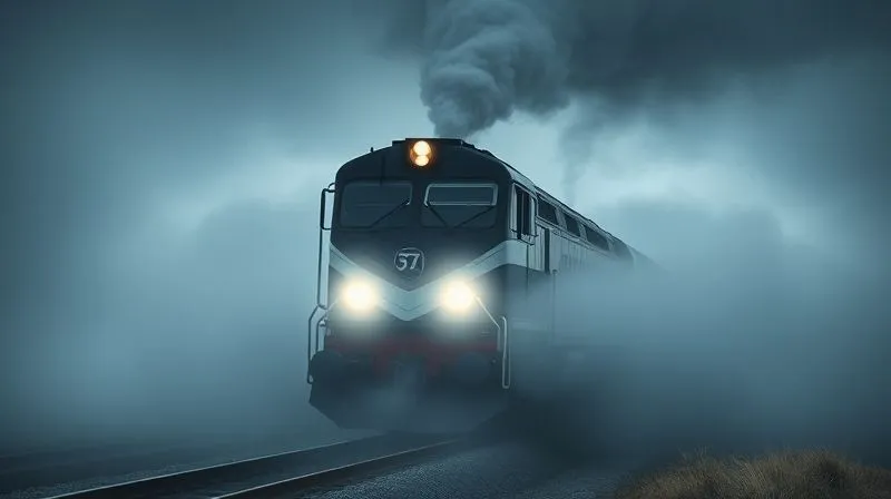 Photorealistic, professional photography, 8K, cinematic lighting, sharp focus, depth of field, shot on a high-end DSLR. A powerful modern locomotive emerging from a dense fog bank in a dramatic, moody landscape, its bright headlight cutting through the mist, captured from a safe, elevated public viewpoint. The scene emphasizes the ethereal and mysterious atmosphere created by the weather. Photorealistic, professional photography, 8K, cinematic lighting, sharp focus, depth of field, shot on a high-end DSLR. A powerful modern locomotive emerging from a dense fog bank in a dramatic, moody landscape, its bright headlight cutting through the mist, captured from a safe, elevated public viewpoint. The scene emphasizes the ethereal and mysterious atmosphere created by the weather.