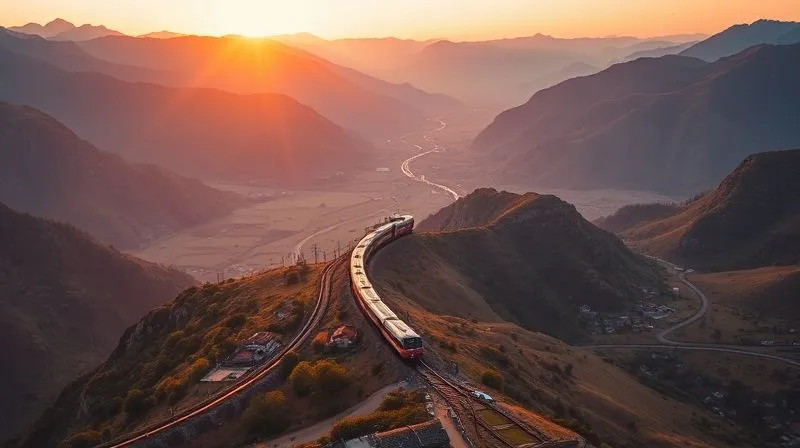 Photorealistic, professional photography, 8K, cinematic lighting, sharp focus, depth of field, shot on a high-end DSLR. A long, winding passenger train traversing a vast, picturesque valley during sunset, captured from a very high, distant public viewpoint. The train appears as a vibrant thread connecting distant mountains and a small, charming village, emphasizing the journey and the train's integration into the landscape. Photorealistic, professional photography, 8K, cinematic lighting, sharp focus, depth of field, shot on a high-end DSLR. A long, winding passenger train traversing a vast, picturesque valley during sunset, captured from a very high, distant public viewpoint. The train appears as a vibrant thread connecting distant mountains and a small, charming village, emphasizing the journey and the train's integration into the landscape.
