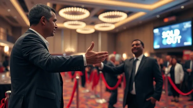 photorealistic, professional photography, 8K, cinematic lighting, sharp focus, depth of field, shot on a high-end DSLR. A sophisticated business professional in a tailored suit extends a hand to an event organizer in a modern, well-lit conference hall, a subtle exchange of business cards implies a strategic partnership. Velvet ropes and a 'Sold Out' sign are visible in the background, subtly hinting at exclusive access.