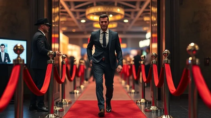 photorealistic, professional photography, 8K, cinematic lighting, sharp focus, depth of field, shot on a high-end DSLR. A single, exclusive, velvet rope is pulled aside by a discreet, impeccably dressed security guard, revealing a glimpse of a vibrant, high-energy industry event beyond. A well-dressed client confidently walks through, with a look of anticipation and privilege. The background is slightly blurred to emphasize the focal point of entry.