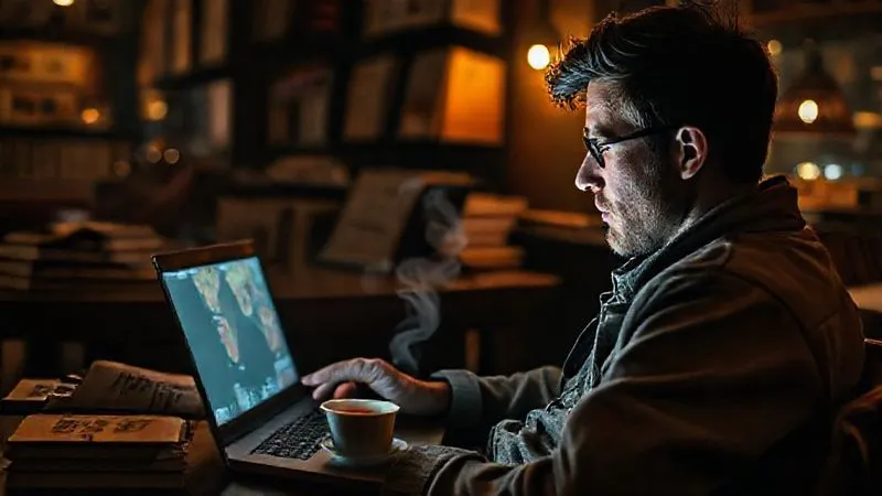 Photorealistic, professional photography, 8K, cinematic lighting, sharp focus, depth of field, shot on a high-end DSLR. A traveler sits in a dimly lit, cozy cafe, surrounded by travel books and a laptop displaying a map. Their face is illuminated by the screen, showing focused concentration as they research ancient traditions and local customs of a distant festival. A cup of tea steams gently beside them. Emphasize quiet preparation and intellectual curiosity. Photorealistic, professional photography, 8K, cinematic lighting, sharp focus, depth of field, shot on a high-end DSLR. A traveler sits in a dimly lit, cozy cafe, surrounded by travel books and a laptop displaying a map. Their face is illuminated by the screen, showing focused concentration as they research ancient traditions and local customs of a distant festival. A cup of tea steams gently beside them. Emphasize quiet preparation and intellectual curiosity.