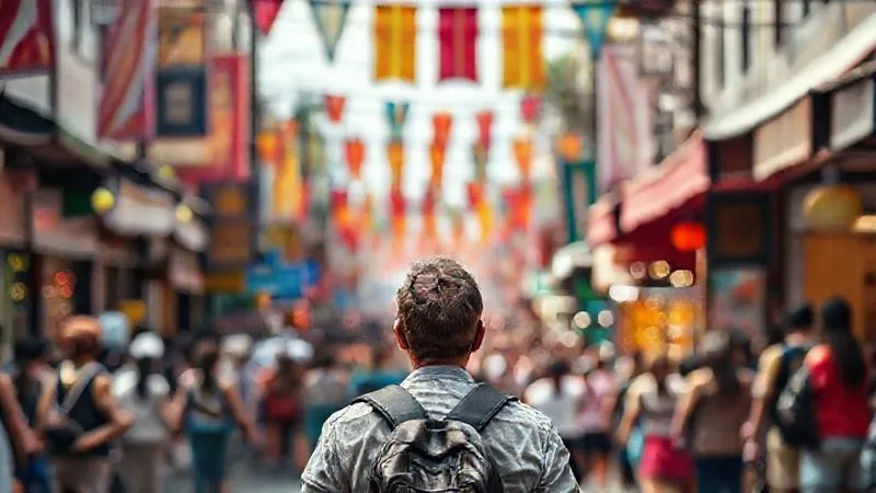 Photorealistic, professional photography, 8K, cinematic lighting, sharp focus, depth of field, shot on a high-end DSLR. A solo traveler, seen from behind, stands at a bustling, colorful street festival crossroads, looking contemplatively at two divergent paths. One path is clearly the main tourist route, packed with people, while the other is a narrower, less crowded alleyway leading to unknown local activity. The atmosphere is vibrant and chaotic, but the traveler appears calm and open to discovery. Photorealistic, professional photography, 8K, cinematic lighting, sharp focus, depth of field, shot on a high-end DSLR. A solo traveler, seen from behind, stands at a bustling, colorful street festival crossroads, looking contemplatively at two divergent paths. One path is clearly the main tourist route, packed with people, while the other is a narrower, less crowded alleyway leading to unknown local activity. The atmosphere is vibrant and chaotic, but the traveler appears calm and open to discovery.
