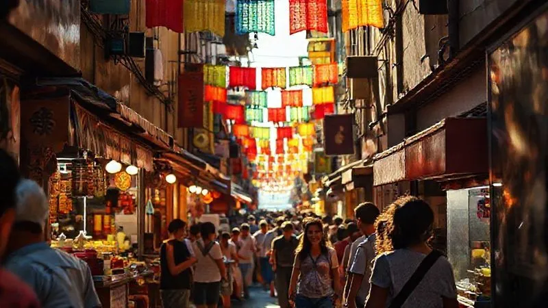 Photorealistic, professional photography, 8K, cinematic lighting, sharp focus, depth of field, shot on a high-end DSLR. A narrow, vibrant alleyway at a bustling festival, leading away from the main chaotic street. Sunlight filters through colorful banners, illuminating small, local food stalls and a group of locals laughing and chatting. The alley offers a sense of intimate discovery and authenticity, contrasting with the blurred, distant main crowd. Photorealistic, professional photography, 8K, cinematic lighting, sharp focus, depth of field, shot on a high-end DSLR. A narrow, vibrant alleyway at a bustling festival, leading away from the main chaotic street. Sunlight filters through colorful banners, illuminating small, local food stalls and a group of locals laughing and chatting. The alley offers a sense of intimate discovery and authenticity, contrasting with the blurred, distant main crowd.