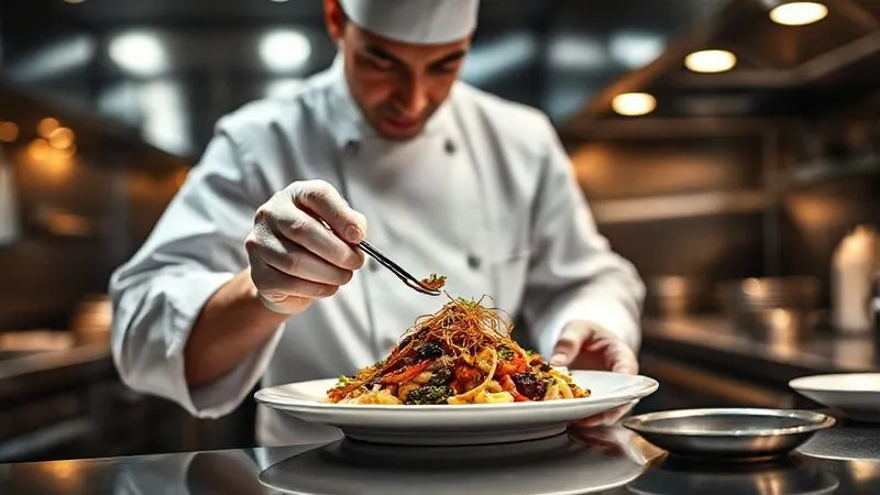 A photorealistic image of a highly focused, experienced Executive Chef in a pristine white uniform meticulously plating a complex gourmet dish with tweezers, surrounded by a gleaming stainless steel kitchen, cinematic lighting, sharp focus on the chef's hands and the dish, depth of field blurring the background, 8K hyper-detailed. A photorealistic image of a highly focused, experienced Executive Chef in a pristine white uniform meticulously plating a complex gourmet dish with tweezers, surrounded by a gleaming stainless steel kitchen, cinematic lighting, sharp focus on the chef's hands and the dish, depth of field blurring the background, 8K hyper-detailed.