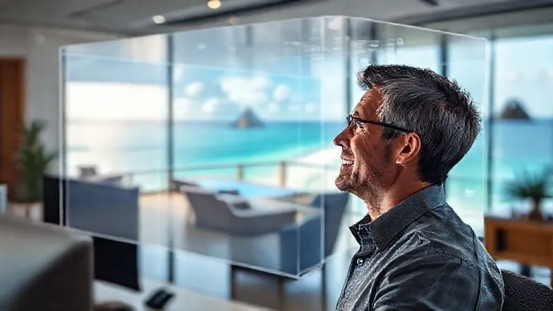 photorealistic, professional photography, 8K, cinematic lighting, sharp focus, depth of field, shot on a high-end DSLR. A person in a modern office looking intently at a large, transparent holographic display showing a detailed 3D virtual tour of a luxury resort, specifically focusing on a balcony with an unobstructed ocean view. The screen displays interactive elements, and the person's face shows concentration and satisfaction, representing advanced travel planning technology. photorealistic, professional photography, 8K, cinematic lighting, sharp focus, depth of field, shot on a high-end DSLR. A person in a modern office looking intently at a large, transparent holographic display showing a detailed 3D virtual tour of a luxury resort, specifically focusing on a balcony with an unobstructed ocean view. The screen displays interactive elements, and the person's face shows concentration and satisfaction, representing advanced travel planning technology.