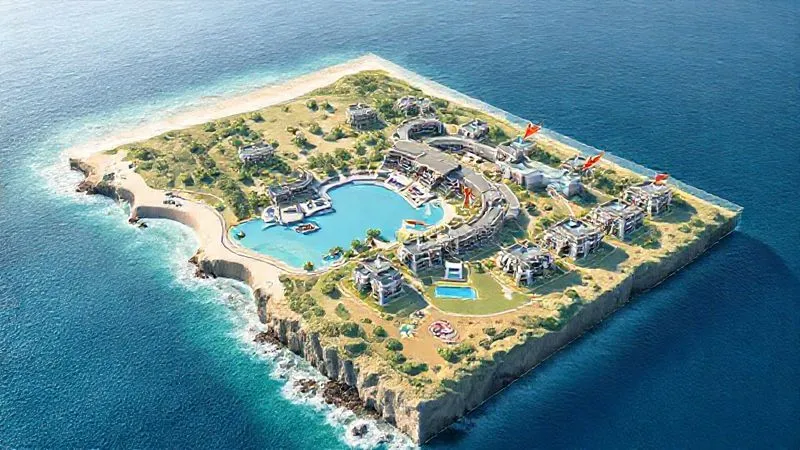 photorealistic, professional photography, 8K, cinematic lighting, sharp focus, depth of field, shot on a high-end DSLR. A detailed, vibrant 3D topographic map of a luxury resort complex situated on a coastline, viewed from a slightly elevated angle. The map clearly shows individual buildings, pools, and landscape features. A transparent overlay highlights specific room blocks with arrows indicating optimal ocean view directions and potential obstruction zones, demonstrating meticulous planning for guest views. photorealistic, professional photography, 8K, cinematic lighting, sharp focus, depth of field, shot on a high-end DSLR. A detailed, vibrant 3D topographic map of a luxury resort complex situated on a coastline, viewed from a slightly elevated angle. The map clearly shows individual buildings, pools, and landscape features. A transparent overlay highlights specific room blocks with arrows indicating optimal ocean view directions and potential obstruction zones, demonstrating meticulous planning for guest views.