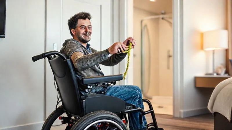 A traveler in a modern power wheelchair checking the width of a hotel room door with a compact measuring tape, looking confident and proactive. The hotel room is bright and clean, with a visible roll-in shower in the background. Photorealistic, professional photography, 8K, cinematic lighting, sharp focus, depth of field.