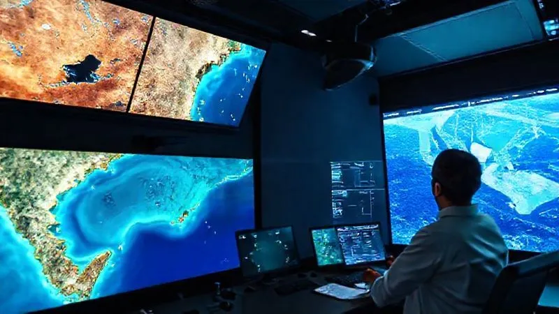 A high-tech control room display showing real-time satellite imagery of a coastline, overlaid with data points and predictive models for water clarity, a marine scientist analyzing the data, photorealistic, professional photography, 8K, cinematic lighting, sharp focus, depth of field.