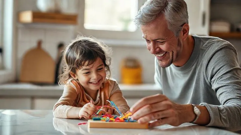 photorealistic, professional photography, 8K, cinematic lighting, sharp focus, depth of field, shot on a high-end DSLR. A child (around 7 years old) and a parent sharing a genuine smile, focused on a small, colorful craft project on a kitchen counter, bathed in soft morning light. The scene should feel intimate and joyful, emphasizing shared attention and a simple, engaging activity. photorealistic, professional photography, 8K, cinematic lighting, sharp focus, depth of field, shot on a high-end DSLR. A child (around 7 years old) and a parent sharing a genuine smile, focused on a small, colorful craft project on a kitchen counter, bathed in soft morning light. The scene should feel intimate and joyful, emphasizing shared attention and a simple, engaging activity.