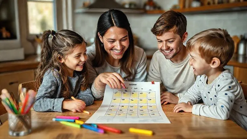 photorealistic, professional photography, 8K, cinematic lighting, sharp focus, depth of field, shot on a high-end DSLR. A parent and two children (around ages 6 and 9) gathered around a kitchen table, smiling and pointing at a simple paper calendar or drawing. They are collaboratively planning activities, with colorful markers and sticky notes. The scene should exude warmth, creativity, and shared decision-making. photorealistic, professional photography, 8K, cinematic lighting, sharp focus, depth of field, shot on a high-end DSLR. A parent and two children (around ages 6 and 9) gathered around a kitchen table, smiling and pointing at a simple paper calendar or drawing. They are collaboratively planning activities, with colorful markers and sticky notes. The scene should exude warmth, creativity, and shared decision-making.