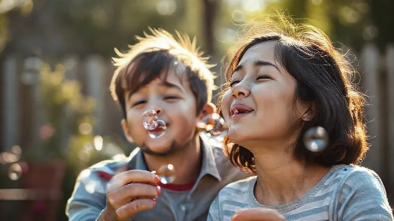 photorealistic, professional photography, 8K, cinematic lighting, sharp focus, depth of field, shot on a high-end DSLR. A parent and child (around 5 years old) are engaged in a simple, joyful activity like blowing bubbles in a sunlit backyard. The scene should convey a sense of calm, presence, and genuine connection, with the blurred background hinting at the busy world fading away. Focus on the expressions of delight on their faces. photorealistic, professional photography, 8K, cinematic lighting, sharp focus, depth of field, shot on a high-end DSLR. A parent and child (around 5 years old) are engaged in a simple, joyful activity like blowing bubbles in a sunlit backyard. The scene should convey a sense of calm, presence, and genuine connection, with the blurred background hinting at the busy world fading away. Focus on the expressions of delight on their faces.