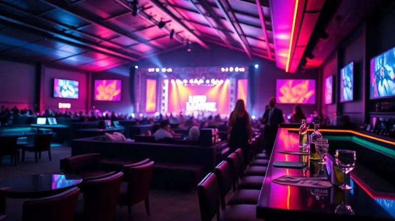 A photorealistic, professional photography shot of a sleek, modern festival VIP lounge area, dimly lit with vibrant neon accents, featuring comfortable seating, a private bar, and a few well-dressed individuals chatting. In the background, a blurred but visible festival stage with energetic lights. Shot on a high-end DSLR, 8K, cinematic lighting, sharp focus on the foreground, depth of field. A photorealistic, professional photography shot of a sleek, modern festival VIP lounge area, dimly lit with vibrant neon accents, featuring comfortable seating, a private bar, and a few well-dressed individuals chatting. In the background, a blurred but visible festival stage with energetic lights. Shot on a high-end DSLR, 8K, cinematic lighting, sharp focus on the foreground, depth of field.