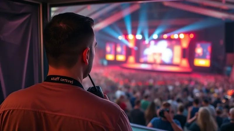 A photorealistic, professional photography shot of a festival crew member, wearing a staff lanyard, looking out from a semi-restricted backstage area onto a vibrant, energetic festival crowd and main stage. The crew member has a walkie-talkie, and the scene is lit with dramatic stage lights and cinematic ambiance. Sharp focus on the crew member, depth of field blurring the background. 8K hyper-detailed. A photorealistic, professional photography shot of a festival crew member, wearing a staff lanyard, looking out from a semi-restricted backstage area onto a vibrant, energetic festival crowd and main stage. The crew member has a walkie-talkie, and the scene is lit with dramatic stage lights and cinematic ambiance. Sharp focus on the crew member, depth of field blurring the background. 8K hyper-detailed.