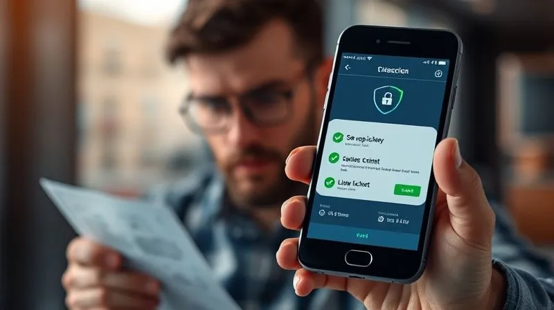 A photorealistic, professional photography shot of a smartphone screen displaying a secure online transaction confirmation, with a blurred background of a worried person looking at a ticket. The screen shows green checkmarks and security icons, emphasizing trust and verification. Shot on a high-end DSLR, 8K, cinematic lighting, sharp focus on the phone screen, depth of field. A photorealistic, professional photography shot of a smartphone screen displaying a secure online transaction confirmation, with a blurred background of a worried person looking at a ticket. The screen shows green checkmarks and security icons, emphasizing trust and verification. Shot on a high-end DSLR, 8K, cinematic lighting, sharp focus on the phone screen, depth of field.