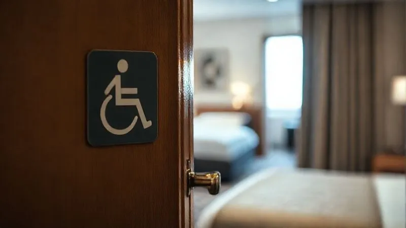 A close-up of a generic 'wheelchair accessible' sign on a hotel door, but with subtle hints of inadequacy or a lack of detailed accessibility features in the background, such as a narrow hallway or a high bed visible through the open door. Photorealistic, professional photography, 8K, cinematic lighting, sharp focus, depth of field, shot on a high-end DSLR. A close-up of a generic 'wheelchair accessible' sign on a hotel door, but with subtle hints of inadequacy or a lack of detailed accessibility features in the background, such as a narrow hallway or a high bed visible through the open door. Photorealistic, professional photography, 8K, cinematic lighting, sharp focus, depth of field, shot on a high-end DSLR.