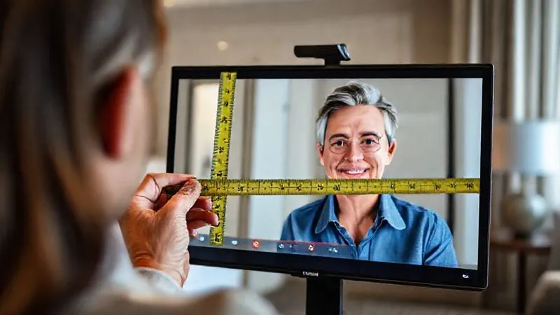 A person on a video call with a hotel representative, who is holding up a measuring tape in an accessible hotel room, showing specific dimensions of a bathroom door frame. The screen shows the client's face, looking relieved and confident. Photorealistic, professional photography, 8K, cinematic lighting, sharp focus, depth of field, shot on a high-end DSLR. A person on a video call with a hotel representative, who is holding up a measuring tape in an accessible hotel room, showing specific dimensions of a bathroom door frame. The screen shows the client's face, looking relieved and confident. Photorealistic, professional photography, 8K, cinematic lighting, sharp focus, depth of field, shot on a high-end DSLR.