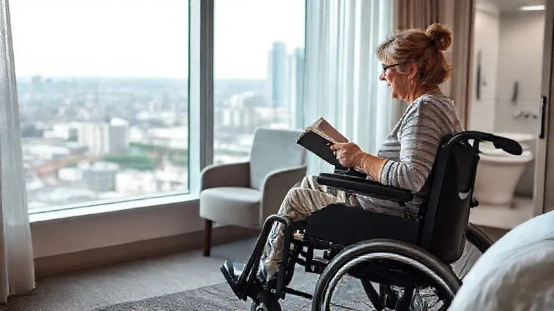 A serene image of a woman (Maria) with Multiple Sclerosis, in a modern power wheelchair, enjoying a genuinely accessible hotel room. She is comfortably positioned by a window overlooking a city, with all her specific needs met – perhaps reading a book, with ample space for equipment, and a roll-in shower subtly visible in the background through an open bathroom door. The room is well-lit and thoughtfully designed. Photorealistic, professional photography, 8K, cinematic lighting, sharp focus, depth of field, shot on a high-end DSLR. A serene image of a woman (Maria) with Multiple Sclerosis, in a modern power wheelchair, enjoying a genuinely accessible hotel room. She is comfortably positioned by a window overlooking a city, with all her specific needs met – perhaps reading a book, with ample space for equipment, and a roll-in shower subtly visible in the background through an open bathroom door. The room is well-lit and thoughtfully designed. Photorealistic, professional photography, 8K, cinematic lighting, sharp focus, depth of field, shot on a high-end DSLR.