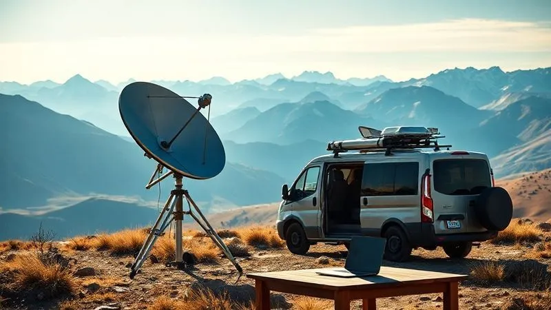 A Starlink dish deployed on a tripod next to a camper van in a vast, pristine wilderness landscape, with a laptop open on a table nearby, demonstrating high-speed internet connectivity in an off-grid location. Photorealistic, professional photography, 8K, cinematic lighting, sharp focus on the Starlink dish and laptop, depth of field blurring the distant mountains, shot on a high-end DSLR. A Starlink dish deployed on a tripod next to a camper van in a vast, pristine wilderness landscape, with a laptop open on a table nearby, demonstrating high-speed internet connectivity in an off-grid location. Photorealistic, professional photography, 8K, cinematic lighting, sharp focus on the Starlink dish and laptop, depth of field blurring the distant mountains, shot on a high-end DSLR.