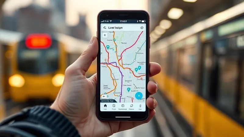 A photorealistic, professional photography, 8K, cinematic lighting, sharp focus, depth of field, shot on a high-end DSLR, of a traveler's hand holding a smartphone displaying a real-time public transit map with colored lines indicating live bus and train locations, with a blurred cityscape in the background. The screen is bright and clear, showing dynamic movement. A photorealistic, professional photography, 8K, cinematic lighting, sharp focus, depth of field, shot on a high-end DSLR, of a traveler's hand holding a smartphone displaying a real-time public transit map with colored lines indicating live bus and train locations, with a blurred cityscape in the background. The screen is bright and clear, showing dynamic movement.