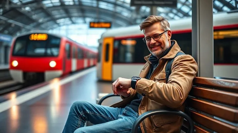 A photorealistic, professional photography, 8K, cinematic lighting, sharp focus, depth of field, shot on a high-end DSLR, of a traveler sitting calmly on a bench at a modern train station, looking relaxed and checking their watch with a slight smile. A train is visible arriving in the background, but the traveler is clearly not rushed. There is a cup of coffee beside them. A photorealistic, professional photography, 8K, cinematic lighting, sharp focus, depth of field, shot on a high-end DSLR, of a traveler sitting calmly on a bench at a modern train station, looking relaxed and checking their watch with a slight smile. A train is visible arriving in the background, but the traveler is clearly not rushed. There is a cup of coffee beside them.