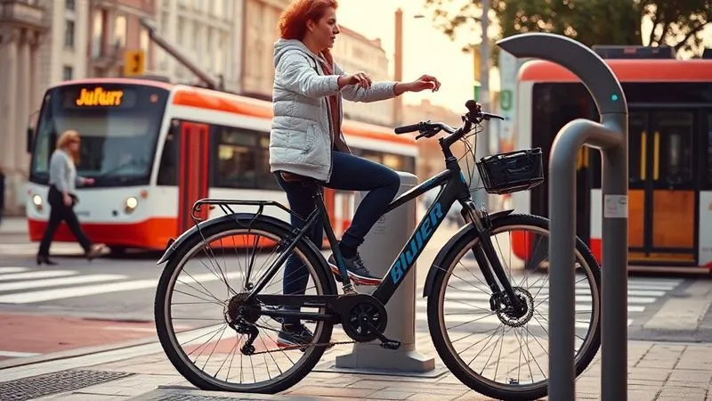 A photorealistic, professional photography, 8K, cinematic lighting, sharp focus, depth of field, shot on a high-end DSLR, of a person confidently dismounting a shared bicycle at a bike dock, with a tram passing in the background and a pedestrian crossing a street. The scene is vibrant and shows seamless integration of different urban transport modes, conveying efficiency and freedom. A photorealistic, professional photography, 8K, cinematic lighting, sharp focus, depth of field, shot on a high-end DSLR, of a person confidently dismounting a shared bicycle at a bike dock, with a tram passing in the background and a pedestrian crossing a street. The scene is vibrant and shows seamless integration of different urban transport modes, conveying efficiency and freedom.