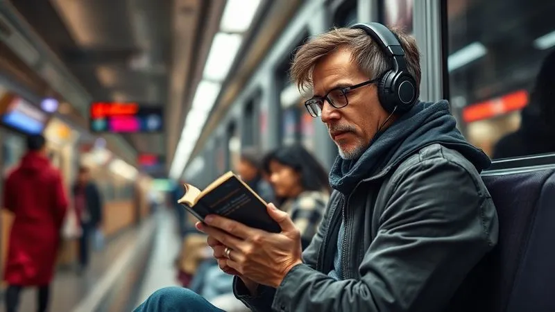 A photorealistic, professional photography, 8K, cinematic lighting, sharp focus, depth of field, shot on a high-end DSLR, of a traveler sitting calmly on a busy public transport platform, headphones on, reading a book on their phone. Despite the surrounding hustle and bustle, their expression is serene and focused, embodying a relaxed and adaptable mindset amidst potential delays. A photorealistic, professional photography, 8K, cinematic lighting, sharp focus, depth of field, shot on a high-end DSLR, of a traveler sitting calmly on a busy public transport platform, headphones on, reading a book on their phone. Despite the surrounding hustle and bustle, their expression is serene and focused, embodying a relaxed and adaptable mindset amidst potential delays.
