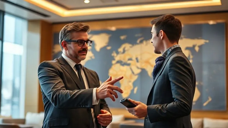 Photorealistic image of a professional travel concierge interacting with a client in a luxurious setting, a world map subtly in the background, sharp focus on their hands pointing at a map, 8K, cinematic lighting, depth of field blurring the background, shot on a high-end DSLR. Photorealistic image of a professional travel concierge interacting with a client in a luxurious setting, a world map subtly in the background, sharp focus on their hands pointing at a map, 8K, cinematic lighting, depth of field blurring the background, shot on a high-end DSLR.