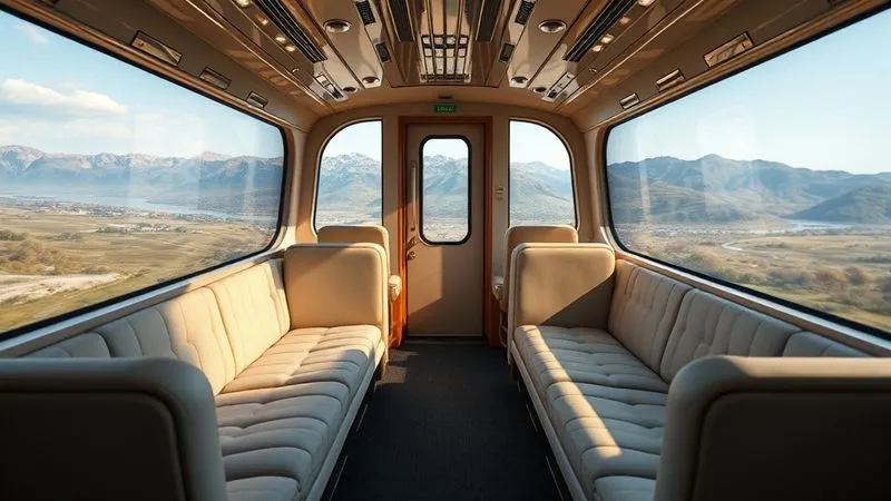 Photorealistic image of a gleaming, bespoke private rail car interior, expansive windows showcasing a stunning natural landscape, empty, awaiting VIPs, 8K, cinematic lighting, sharp focus on the luxurious interior, depth of field blurring the distant scenery, shot on a high-end DSLR. Photorealistic image of a gleaming, bespoke private rail car interior, expansive windows showcasing a stunning natural landscape, empty, awaiting VIPs, 8K, cinematic lighting, sharp focus on the luxurious interior, depth of field blurring the distant scenery, shot on a high-end DSLR.