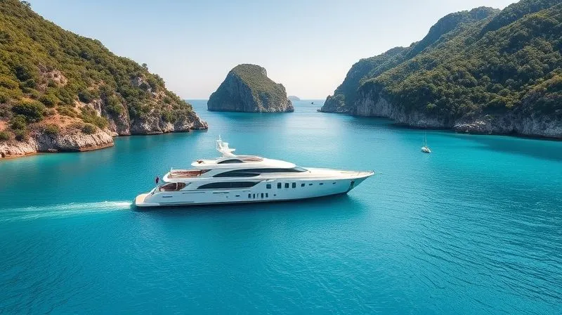 A photorealistic, professional photography, 8K, cinematic lighting, sharp focus, depth of field, shot on a high-end DSLR of a serene, pristine, secluded turquoise bay with a single, elegant superyacht anchored peacefully, surrounded by lush green cliffs, with no other boats or signs of human activity, symbolizing ultimate private anchorage and tranquil escape.