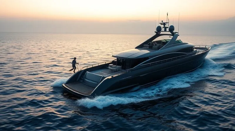 A photorealistic, professional photography, 8K, cinematic lighting, sharp focus, depth of field, shot on a high-end DSLR of a sleek, dark-colored high-speed tender discreetly departing from a superyacht at dawn, with a single, blurred figure boarding, emphasizing a swift and private exfiltration, surrounded by a calm, misty ocean, conveying urgency and discretion.