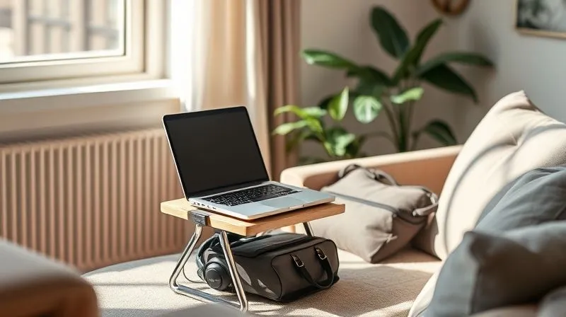 Photorealistic, professional photography, 8K, cinematic lighting, sharp focus, depth of field, shot on a high-end DSLR: A digital nomad has cleverly set up a portable workstation in a cozy corner of a shared living space. A laptop on a minimalist stand, noise-canceling headphones, and a neatly organized small bag are visible. Sunlight casts soft shadows, and a plant adds a touch of calm. The background is slightly blurred to emphasize the makeshift office, conveying resourcefulness and focus.