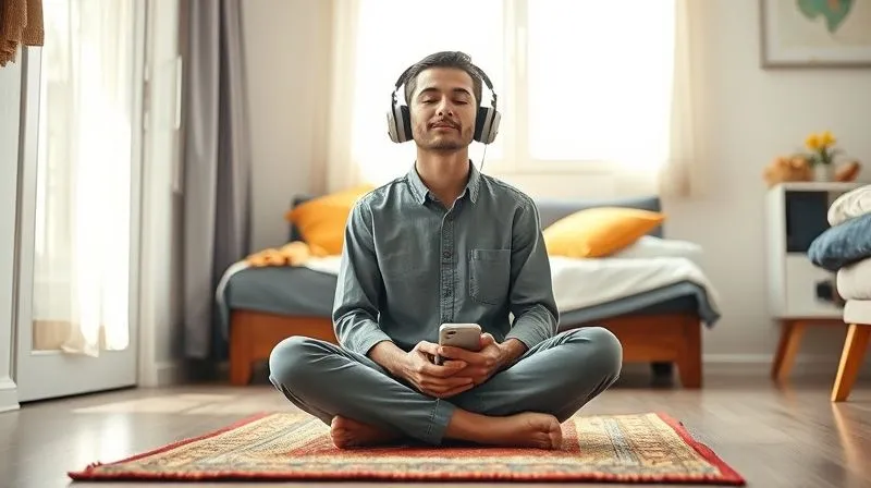 Photorealistic, professional photography, 8K, cinematic lighting, sharp focus, depth of field, shot on a high-end DSLR: A digital nomad sits cross-legged on a small, colorful rug in a bright, minimalist shared living space, wearing noise-canceling headphones but not actively working. Their eyes are closed, hands resting on knees, in a moment of calm mindfulness or meditation. Soft natural light illuminates their serene expression, conveying resilience and inner peace amidst the travel lifestyle.