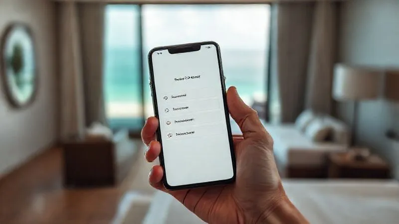 Photorealistic, professional photography, 8K, cinematic lighting, sharp focus, depth of field, shot on a high-end DSLR, a hand holding a sleek smartphone, displaying a minimalist resort app interface with options for 'Room Service,' 'Do Not Disturb,' and 'Concierge Chat,' set against a softly blurred background of a luxurious, serene beach villa interior with muted tones and a private view of the ocean, emphasizing discreet control and modern convenience. Photorealistic, professional photography, 8K, cinematic lighting, sharp focus, depth of field, shot on a high-end DSLR, a hand holding a sleek smartphone, displaying a minimalist resort app interface with options for 'Room Service,' 'Do Not Disturb,' and 'Concierge Chat,' set against a softly blurred background of a luxurious, serene beach villa interior with muted tones and a private view of the ocean, emphasizing discreet control and modern convenience.