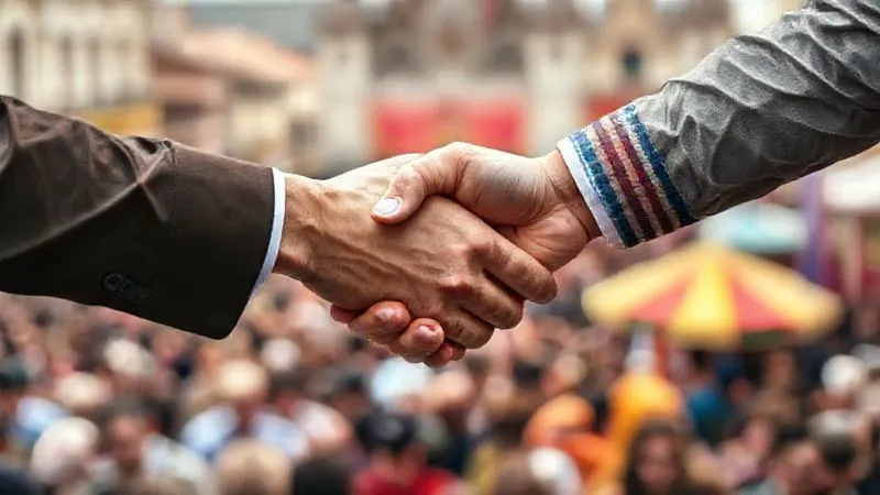 A photorealistic, professional photography image of two hands shaking firmly over a blurred background of a vibrant historical festival crowd, symbolizing trust and partnership. The hands are in sharp focus, 8K, cinematic lighting, depth of field, shot on a high-end DSLR. A photorealistic, professional photography image of two hands shaking firmly over a blurred background of a vibrant historical festival crowd, symbolizing trust and partnership. The hands are in sharp focus, 8K, cinematic lighting, depth of field, shot on a high-end DSLR.