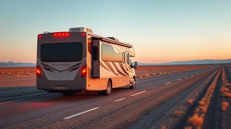 Photorealistic, professional photography, 8K, cinematic lighting, sharp focus, depth of field, shot on a high-end DSLR. A large, modern RV safely pulled over to the side of a wide, gravel road in a vast, empty landscape. Hazard lights are flashing. The driver is calmly placing reflective warning triangles behind the vehicle, emphasizing safety and preparedness. The sky is clear, with warm afternoon light.
