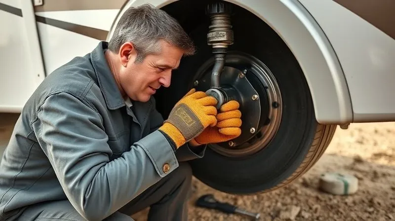 Photorealistic, professional photography, 8K, cinematic lighting, sharp focus, depth of field, shot on a high-end DSLR. A skilled RV owner, wearing sturdy work gloves, carefully applying a temporary patch to a leaking coolant hose on their RV engine in a remote, dusty location. The scene highlights practical problem-solving with a focused expression, tools laid out neatly beside them, conveying competence and calm under pressure.