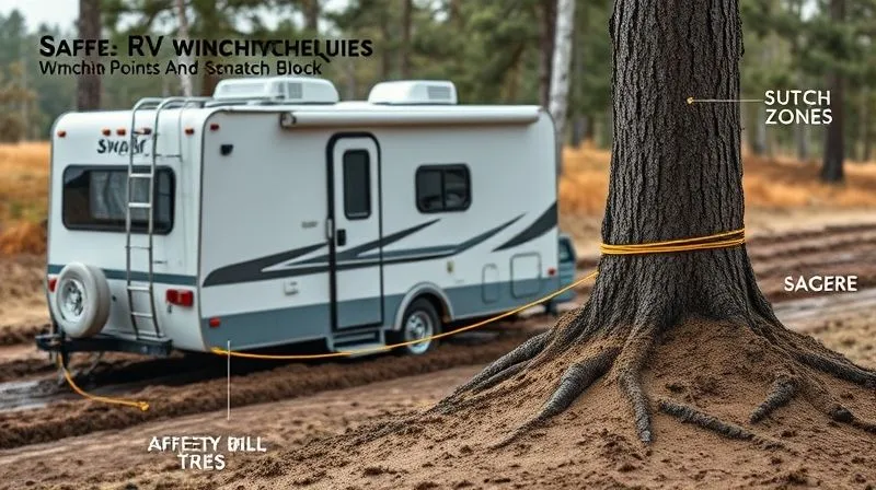 Photorealistic, professional photography, 8K, cinematic lighting, sharp focus, depth of field, shot on a high-end DSLR. A detailed, clear diagram illustrating safe RV winching techniques. The diagram shows an RV stuck in mud, connected via a winch cable and snatch block to a sturdy tree. Labels clearly indicate anchor points, cable tension, and safety zones. The style is informative and professional, resembling a page from an expert's field guide.