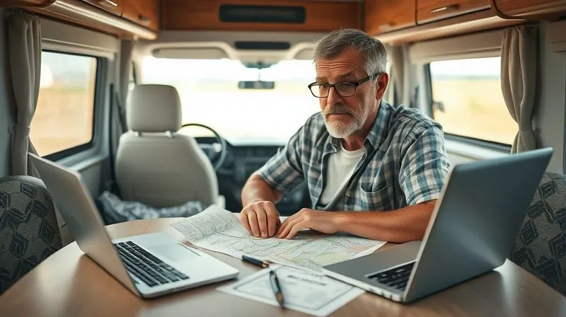 Photorealistic, professional photography, 8K, cinematic lighting, sharp focus, depth of field, shot on a high-end DSLR. A seasoned RV owner, looking thoughtful but determined, sitting at a table inside a clean, organized RV, reviewing a physical checklist and map. A laptop shows a weather forecast or route planner. The scene conveys a sense of proactive learning and meticulous preparation for future adventures, with a warm, inviting interior light.