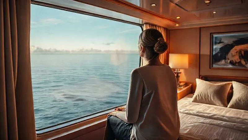 A photorealistic image of a meticulously designed, high-end cruise cabin interior, showing a person looking out at a calm sea, conveying a sense of peace and expectation. Cinematic lighting, sharp focus on the serene atmosphere, 8K, professional photography, depth of field, shot on a high-end DSLR. A photorealistic image of a meticulously designed, high-end cruise cabin interior, showing a person looking out at a calm sea, conveying a sense of peace and expectation. Cinematic lighting, sharp focus on the serene atmosphere, 8K, professional photography, depth of field, shot on a high-end DSLR.