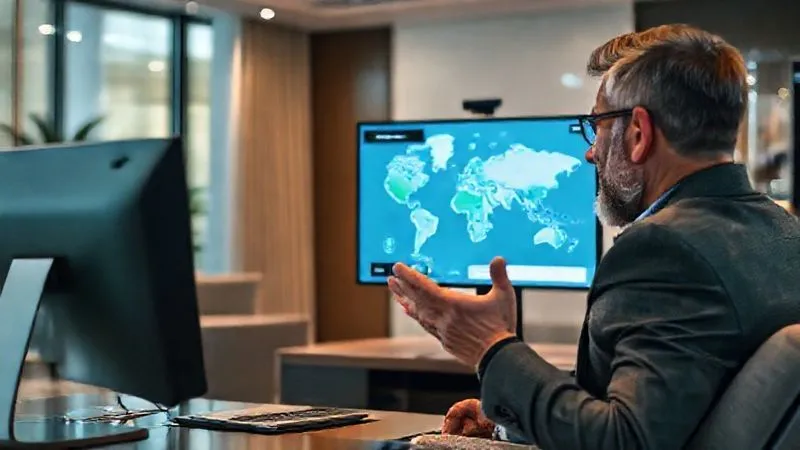 A photorealistic, professional photography, 8K, cinematic lighting shot of a luxury travel advisor on a video call with a client, both looking calm and assured. The advisor is gesturing towards a digital map on their screen, conveying solutions and options. Sharp focus on their faces, conveying trust and empathy, with a blurred background of a high-end office. Shot on a high-end DSLR. A photorealistic, professional photography, 8K, cinematic lighting shot of a luxury travel advisor on a video call with a client, both looking calm and assured. The advisor is gesturing towards a digital map on their screen, conveying solutions and options. Sharp focus on their faces, conveying trust and empathy, with a blurred background of a high-end office. Shot on a high-end DSLR.