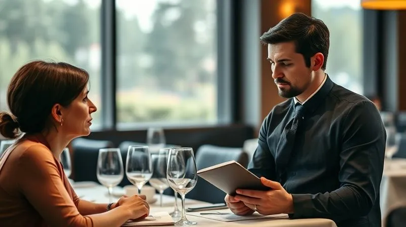 Photorealistic image of a server at a Michelin star restaurant attentively listening to a guest with a concerned expression, notepad in hand, focusing on dietary requirements. Photorealistic image of a server at a Michelin star restaurant attentively listening to a guest with a concerned expression, notepad in hand, focusing on dietary requirements.