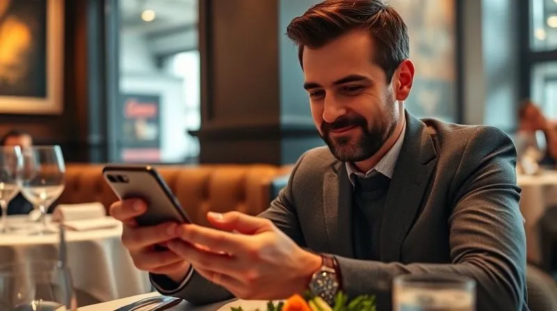 Photorealistic image of a guest at a Michelin star restaurant writing a review on their phone, with a satisfied expression on their face, after a meal that successfully accommodated their dietary restrictions. Photorealistic image of a guest at a Michelin star restaurant writing a review on their phone, with a satisfied expression on their face, after a meal that successfully accommodated their dietary restrictions.