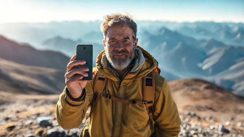 A photorealistic image of a guide in a remote, rugged mountain pass, holding up a satellite phone and clearly speaking into it, with a serene but vast wilderness stretching behind them, cinematic lighting, sharp focus on the guide and device, depth of field blurring the background, 8K hyper-detailed. A photorealistic image of a guide in a remote, rugged mountain pass, holding up a satellite phone and clearly speaking into it, with a serene but vast wilderness stretching behind them, cinematic lighting, sharp focus on the guide and device, depth of field blurring the background, 8K hyper-detailed.