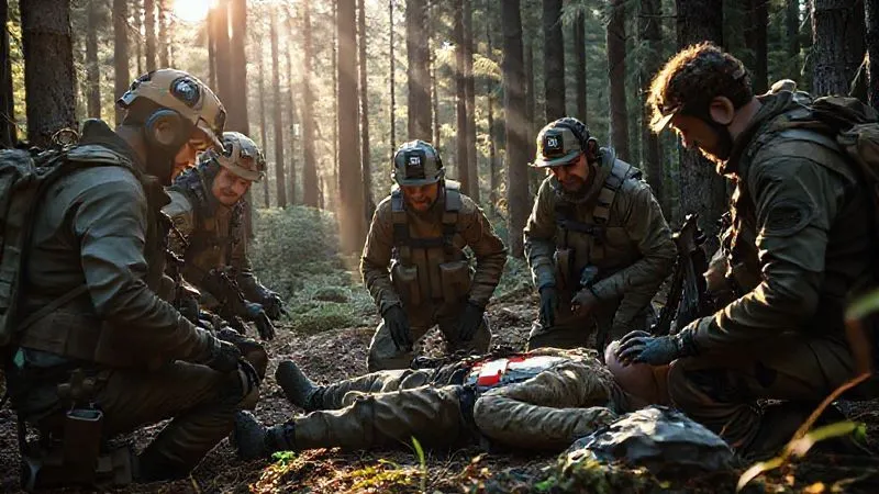A photorealistic image of a diverse team of adventure guides in tactical gear, practicing a wilderness first aid scenario on a simulated casualty in a dense forest, with sunlight filtering through the trees, cinematic lighting, sharp focus on the team's professional actions, depth of field blurring the background, 8K hyper-detailed. A photorealistic image of a diverse team of adventure guides in tactical gear, practicing a wilderness first aid scenario on a simulated casualty in a dense forest, with sunlight filtering through the trees, cinematic lighting, sharp focus on the team's professional actions, depth of field blurring the background, 8K hyper-detailed.