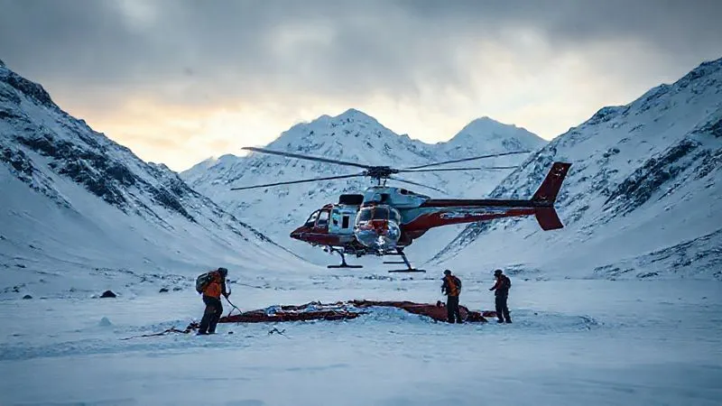 A photorealistic image of a rescue helicopter carefully landing on a makeshift pad in a remote, snow-covered mountain valley, with a team on the ground preparing to receive it, dramatic lighting, sharp focus on the helicopter and ground crew, depth of field blurring the distant peaks, 8K hyper-detailed. A photorealistic image of a rescue helicopter carefully landing on a makeshift pad in a remote, snow-covered mountain valley, with a team on the ground preparing to receive it, dramatic lighting, sharp focus on the helicopter and ground crew, depth of field blurring the distant peaks, 8K hyper-detailed.